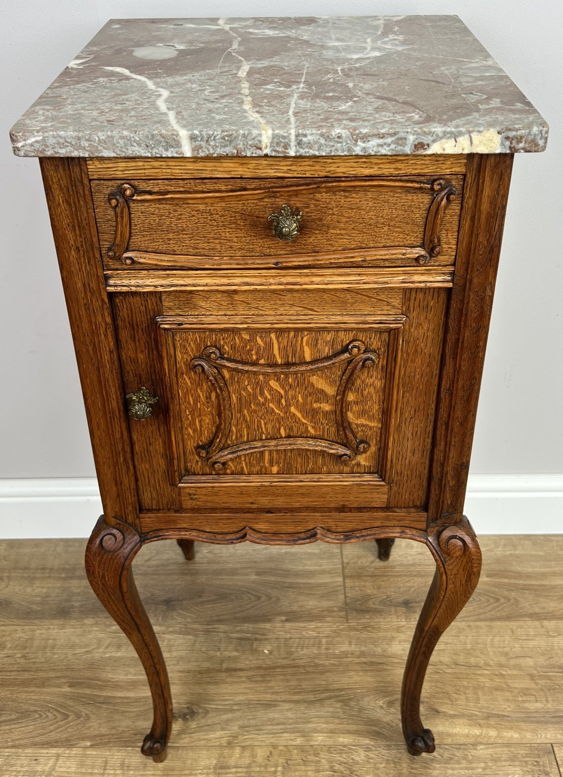 Bedside Table Antique French Marble Top Oak Cabinet Carved Cupboard LOT 63940