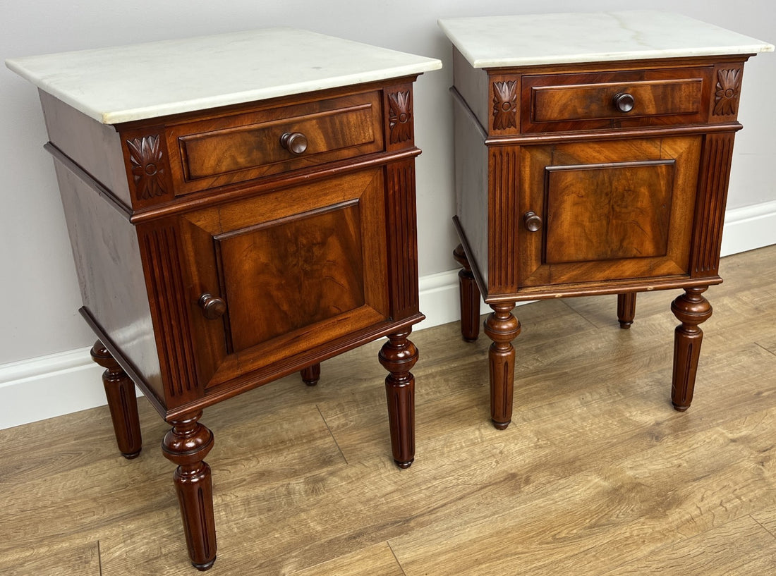 Pair of Bedside Tables Antique Walnut Marble Top Nightstands Cabinets LOT 62230