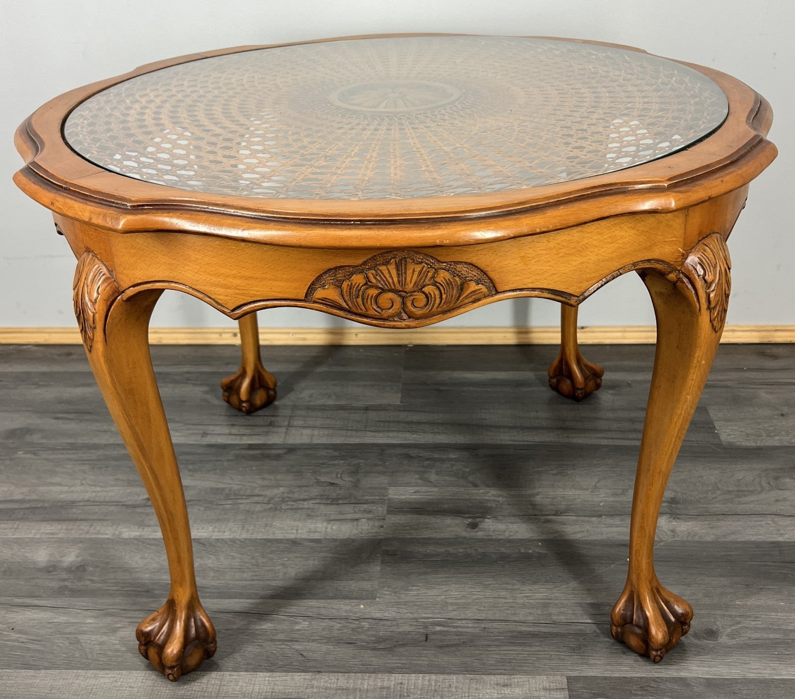 Coffee Table Vintage French Oak Round Glass Top Ornate Cane Table LOT 44620