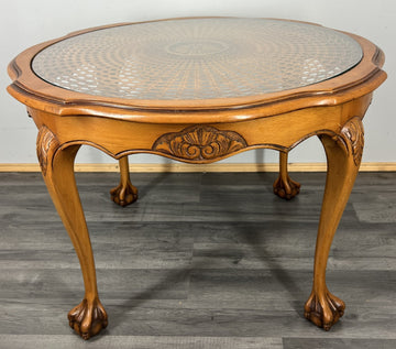 Coffee Table Vintage French Oak Round Glass Top Ornate Cane Table LOT 44620
