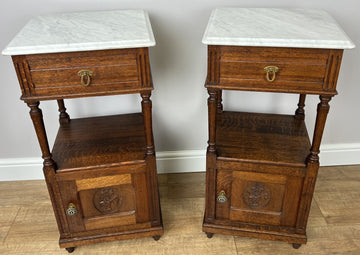 Pair of Bedside Tables Antique French Marble Top Carved Oak Cabinets LOT 49160