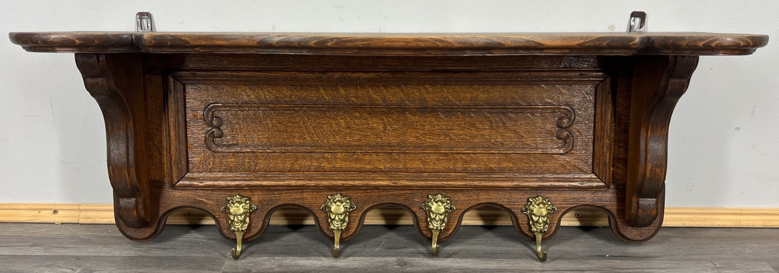 French Vintage Coat Rack Oak 4 Hooks Wall Shelf Carved Coat Hanger LOT 44331