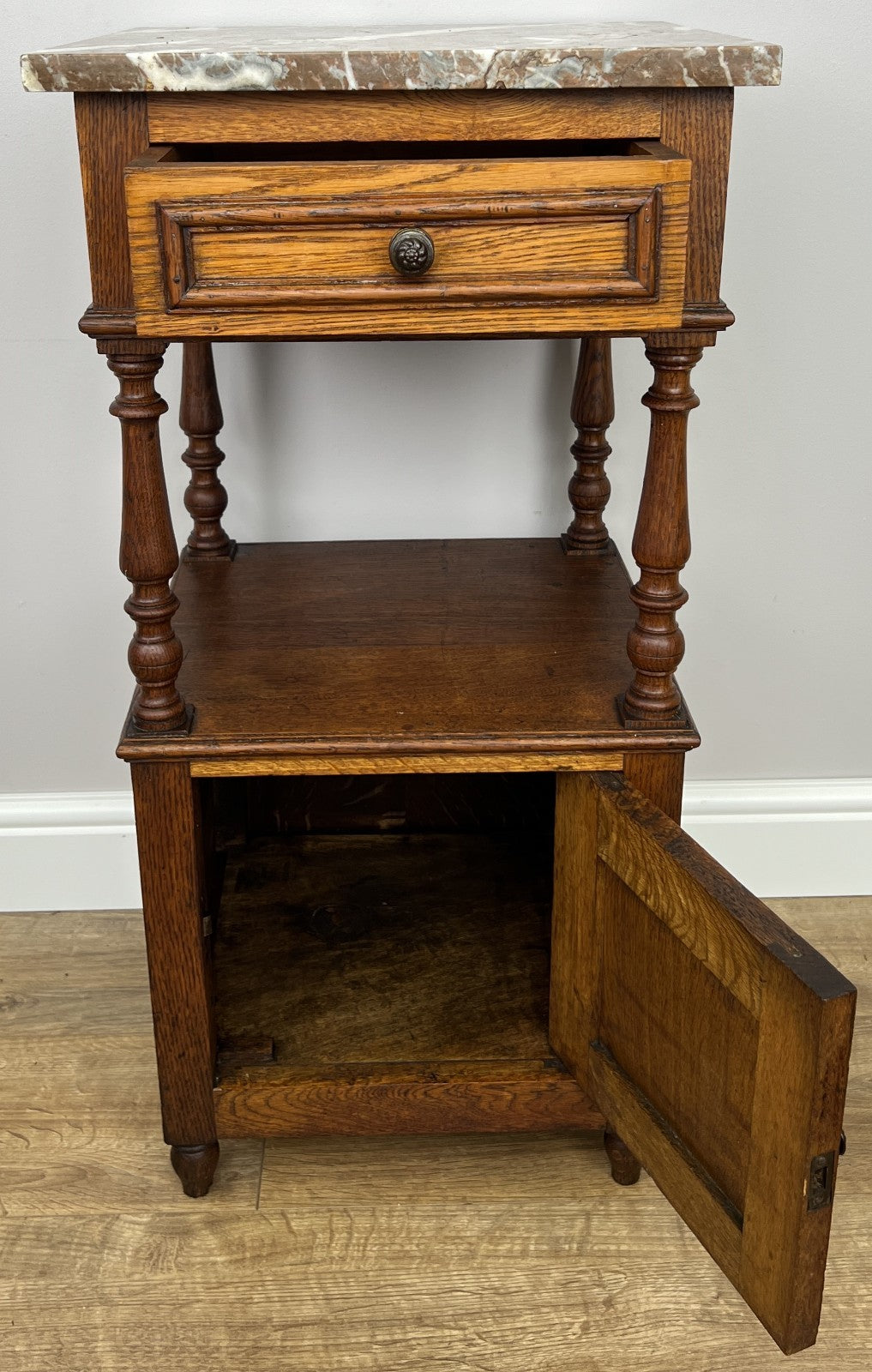 Bedside Table Antique French Style Marble Top Oak Cabinet Nightstand LOT 62438