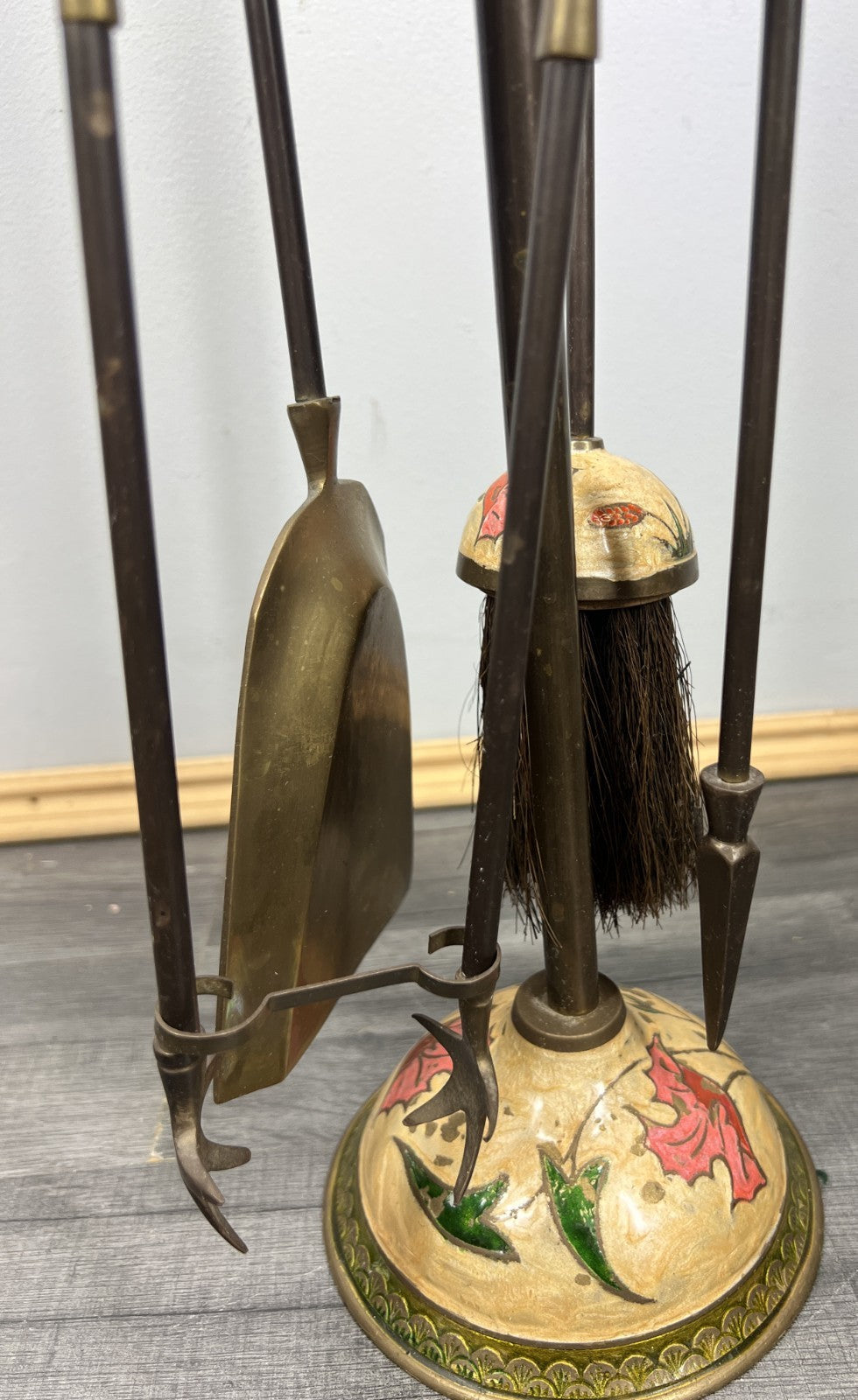 Fireplace Set Vintage French Hand Painted 5-Piece Brass Tool Stand LOT 44167