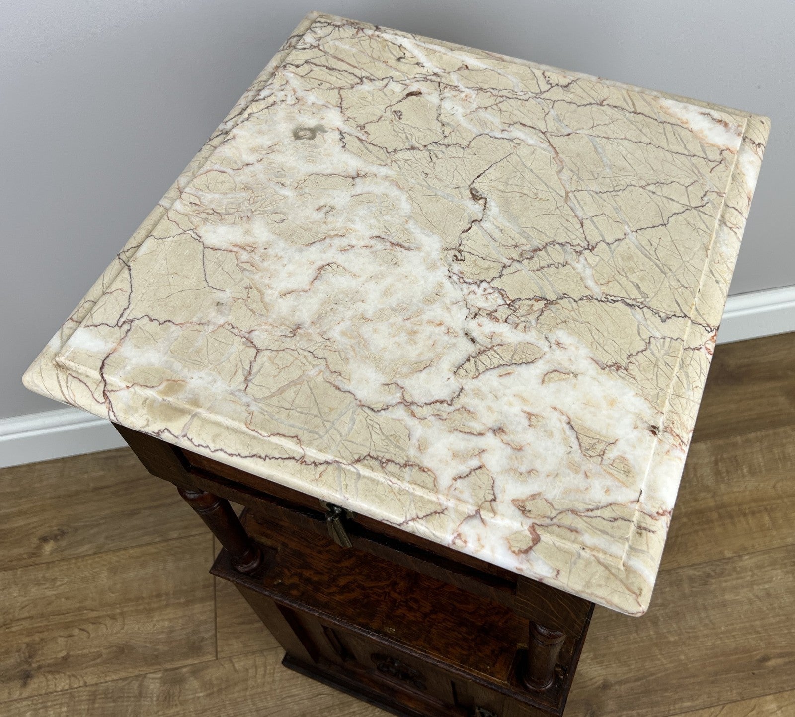 Pair of Bedside Tables Antique French Marble Top Carved Oak Cabinets LOT 491811