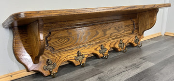 French Vintage Style Coat Rack Oak 5 Hooks Ornate Wall Shelf Coat LOT 47230