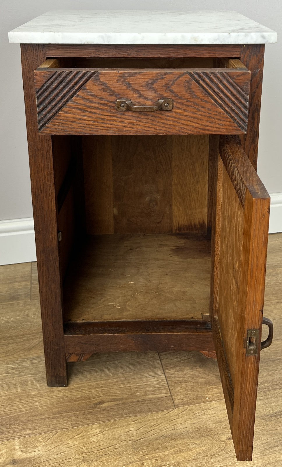 Bedside Table Antique French Marble Top Oak Cabinet Carved Cupboard LOT 62009