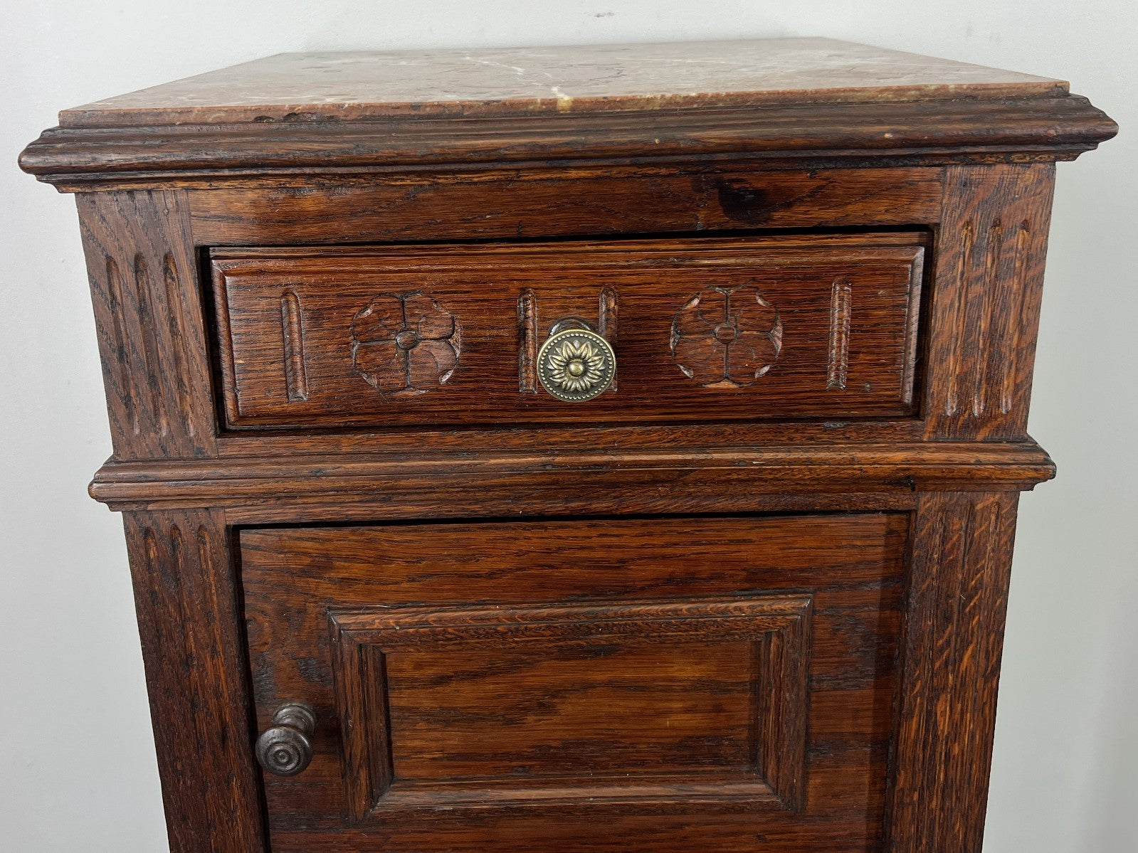 Bedside Table Antique French Oak Marble Top Cabinet Nightstand LOT 48064