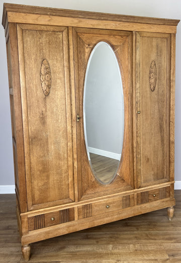 Wardrobe Vintage French Oak Triple Door Mirrored Carved Armoire Cabinet LOT 61010