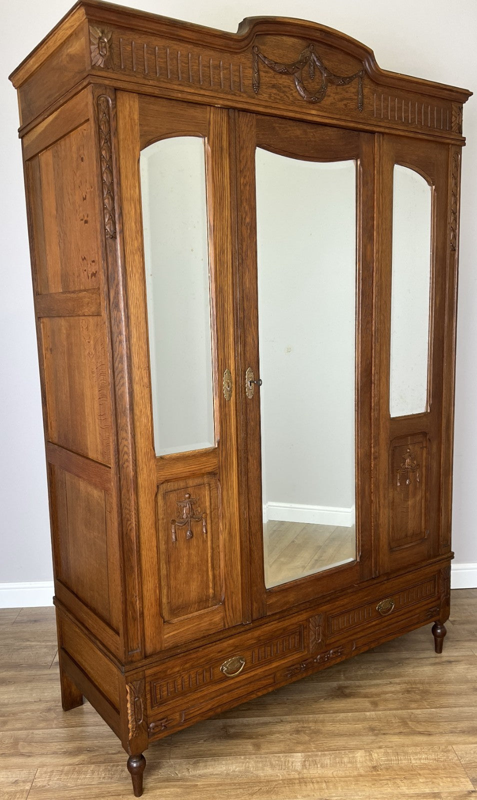 Wardrobe Antique French Oak Two Door Mirrored Carved Armoire Cabinet LOT 60970