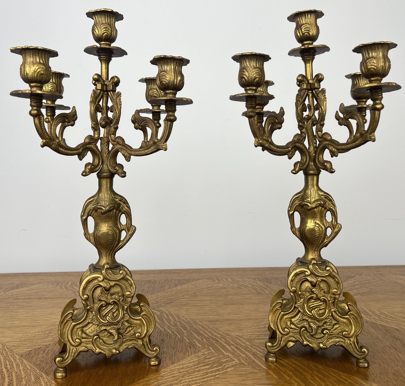 Candelabras Vintage French Brass Pair Ornate 5 Arm Candle Holders LOT 60442
