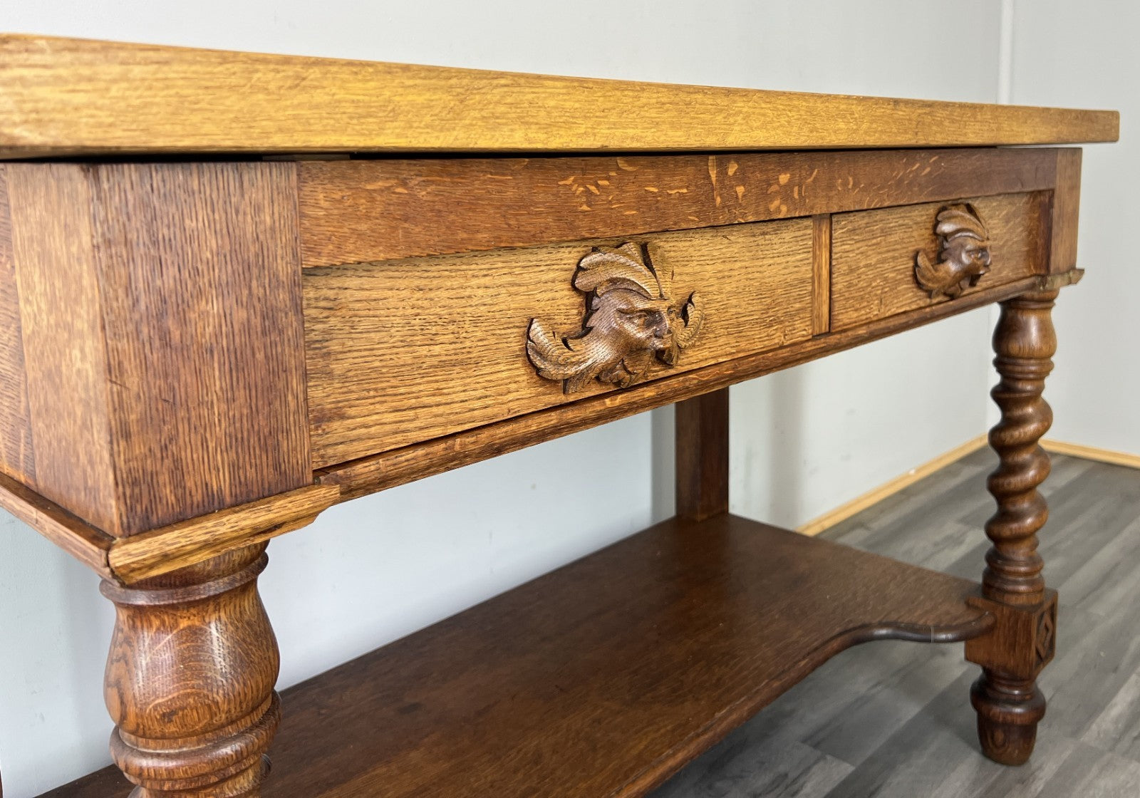 Cabinet Antique French Style Oak Carved Table with Two Drawers LOT 480011