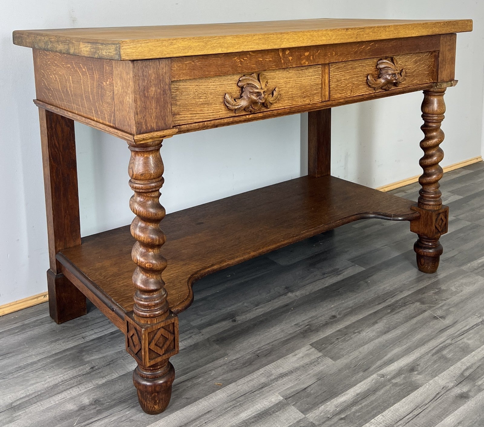 Cabinet Antique French Style Oak Carved Table with Two Drawers LOT 48001