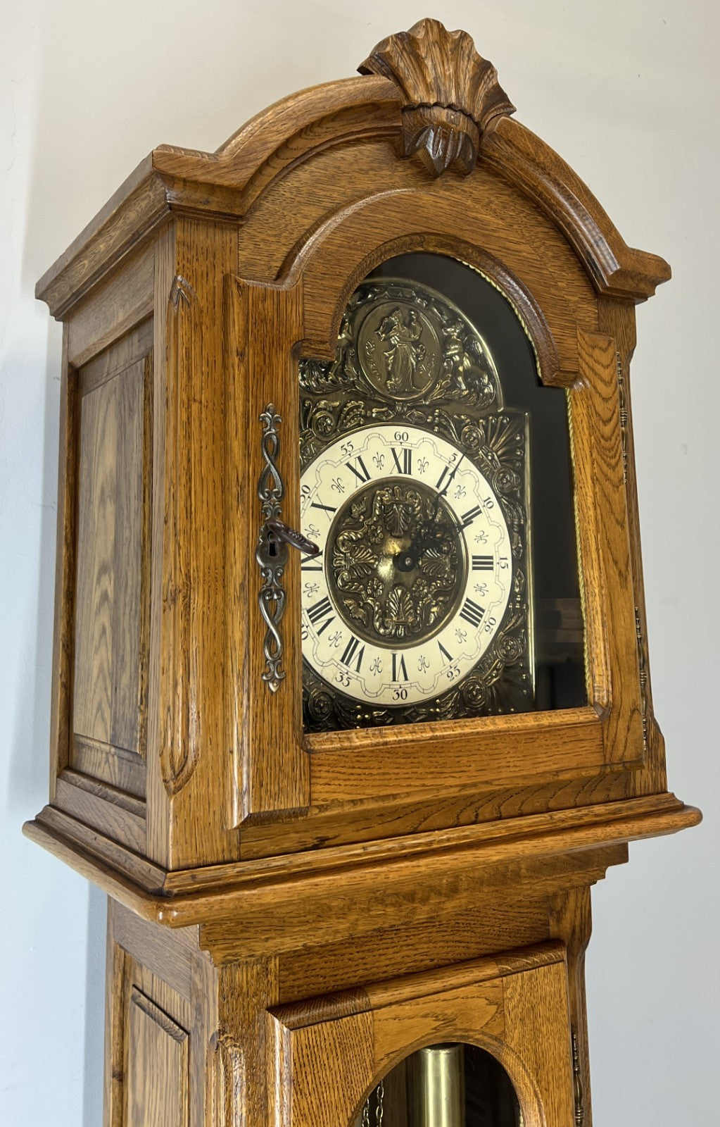 Clock Vintage French Louis Oak Longcase Grandfather Brass Dial Weights LOT 44705