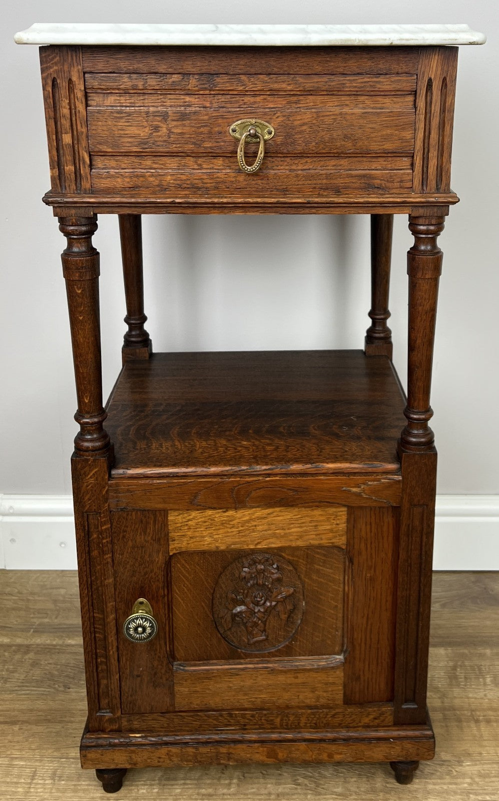 Pair of Bedside Tables Antique French Marble Top Carved Oak Cabinets LOT 49163