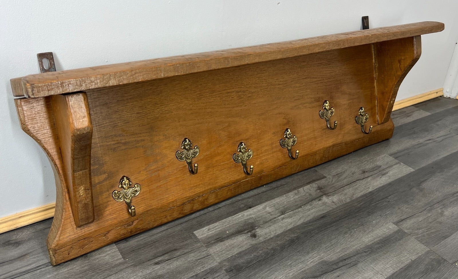 Coat Rack Antique French Oak Wall Shelf 6 Hook Carved Coat Hanger LOT 26410