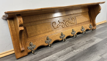 French Vintage Style Coat Rack Oak 6 Hooks Ornate Wall Shelf Coat LOT 47250