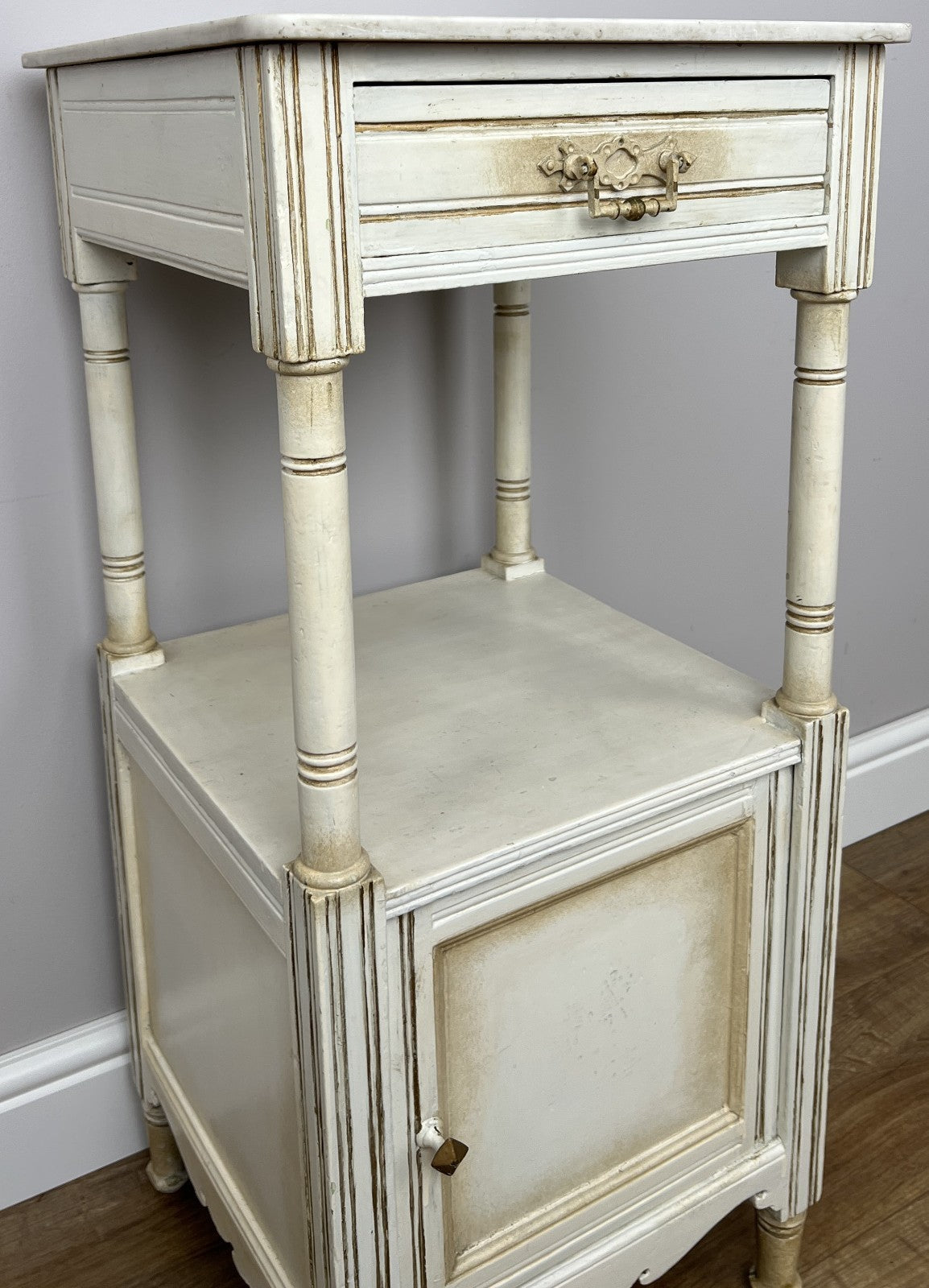 Bedside Table Antique French Style Marble Top Oak Cabinet Nightstand LOT 62243