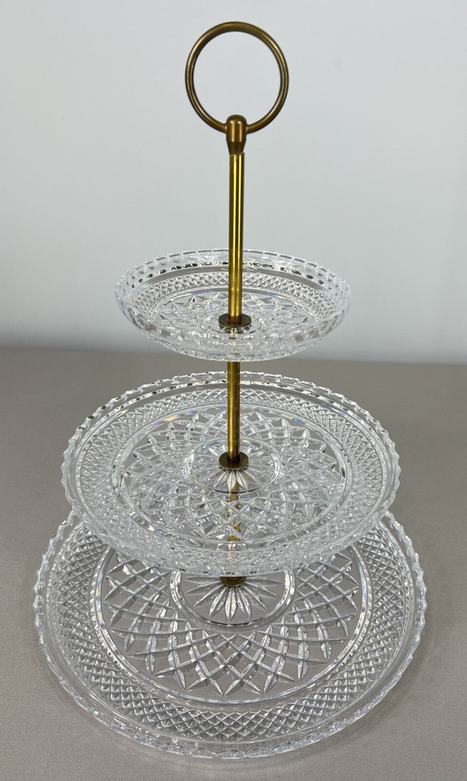 Cake Stand Vintage French Crystal Three Tier Serving Stand Brass Handle LOT 36001