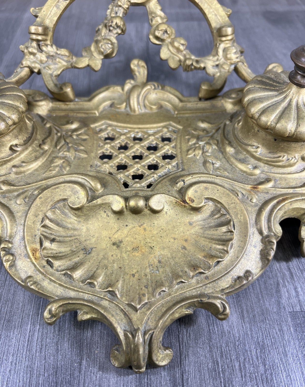 Inkwell Set Vintage French Brass Ornate Desk Stand Accessory LOT 46815