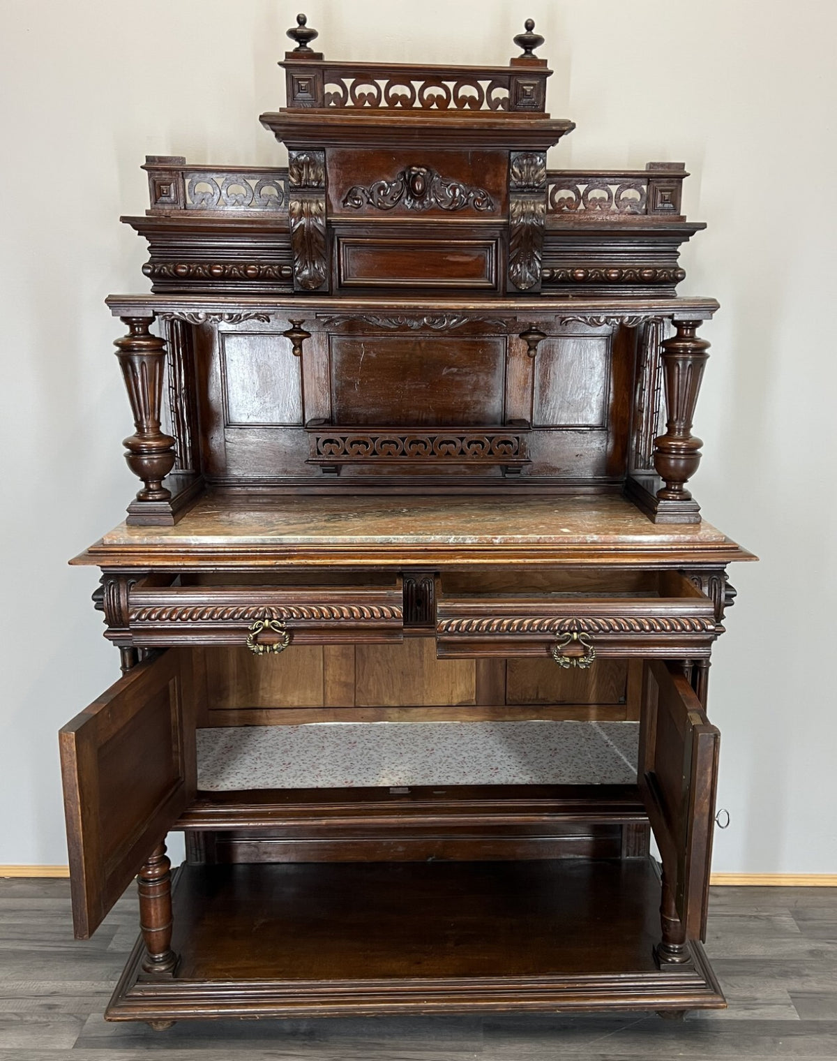 Sideboard Antique French Style Walnut Marble Display Cabinet Cupboard LOT 357617