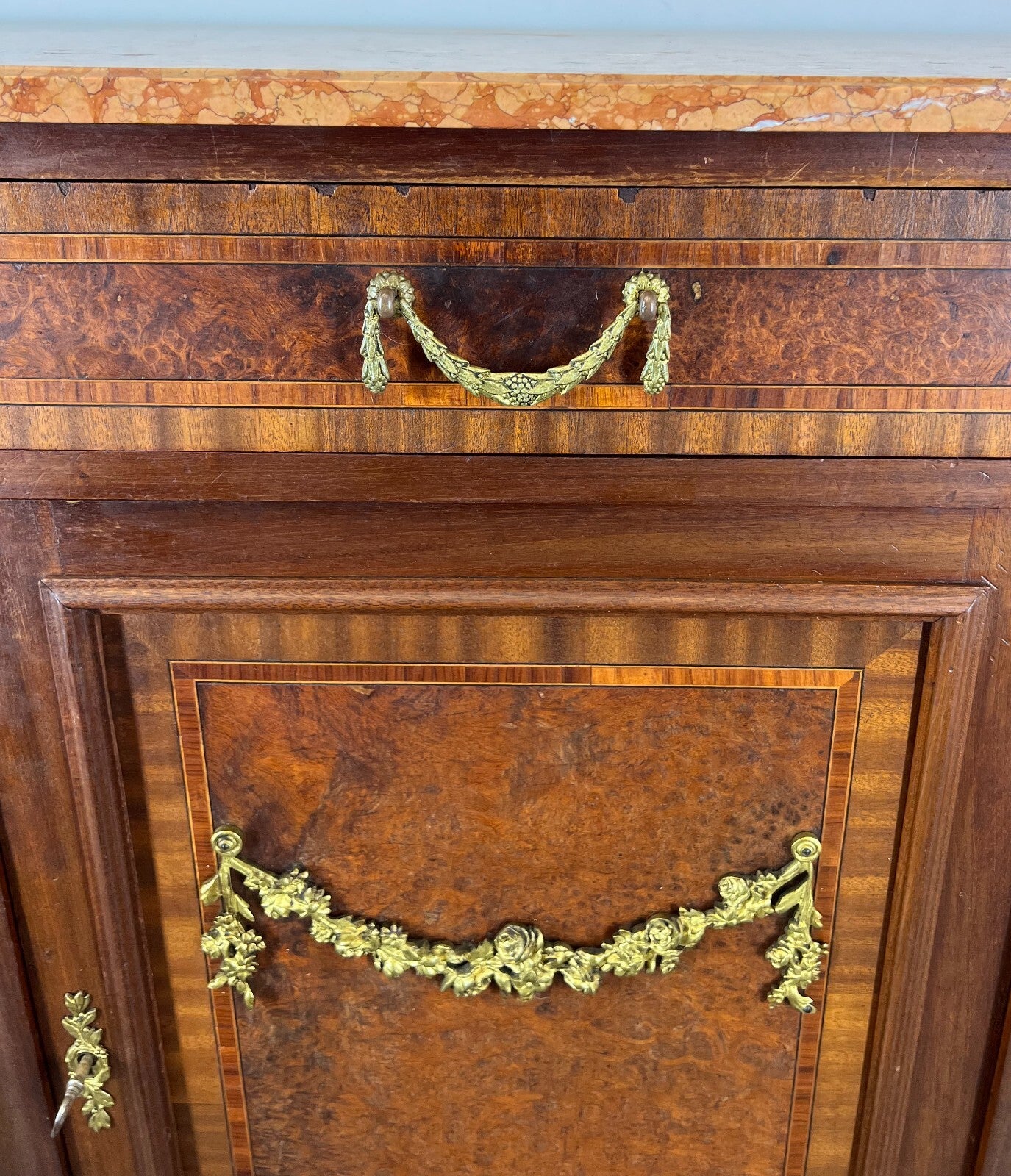 Sideboard Antique French Marble Top Inlaid Brass Detail Carved Cabinet LOT 23825