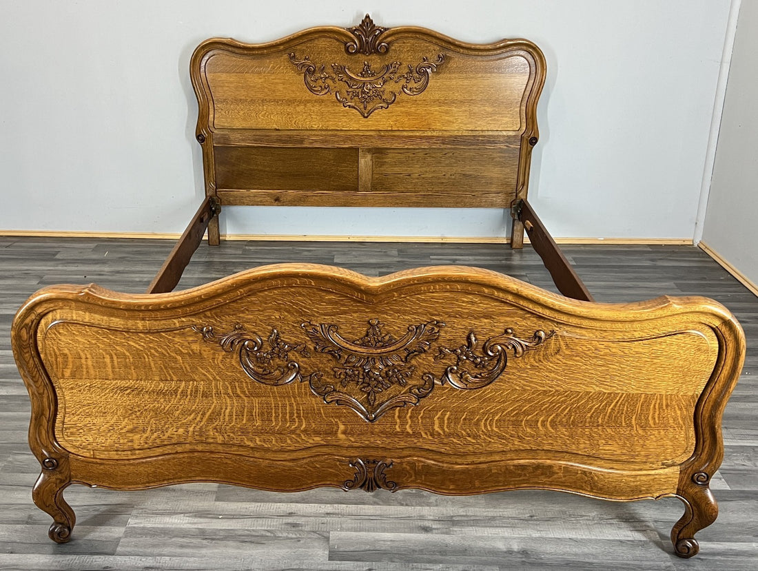 Bed Vintage French Louis XVI Double Bed Frame Oak Carved Headboard LOT 46120