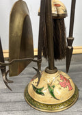 Fireplace Set Vintage French Hand Painted 5-Piece Brass Tool Stand LOT 44165