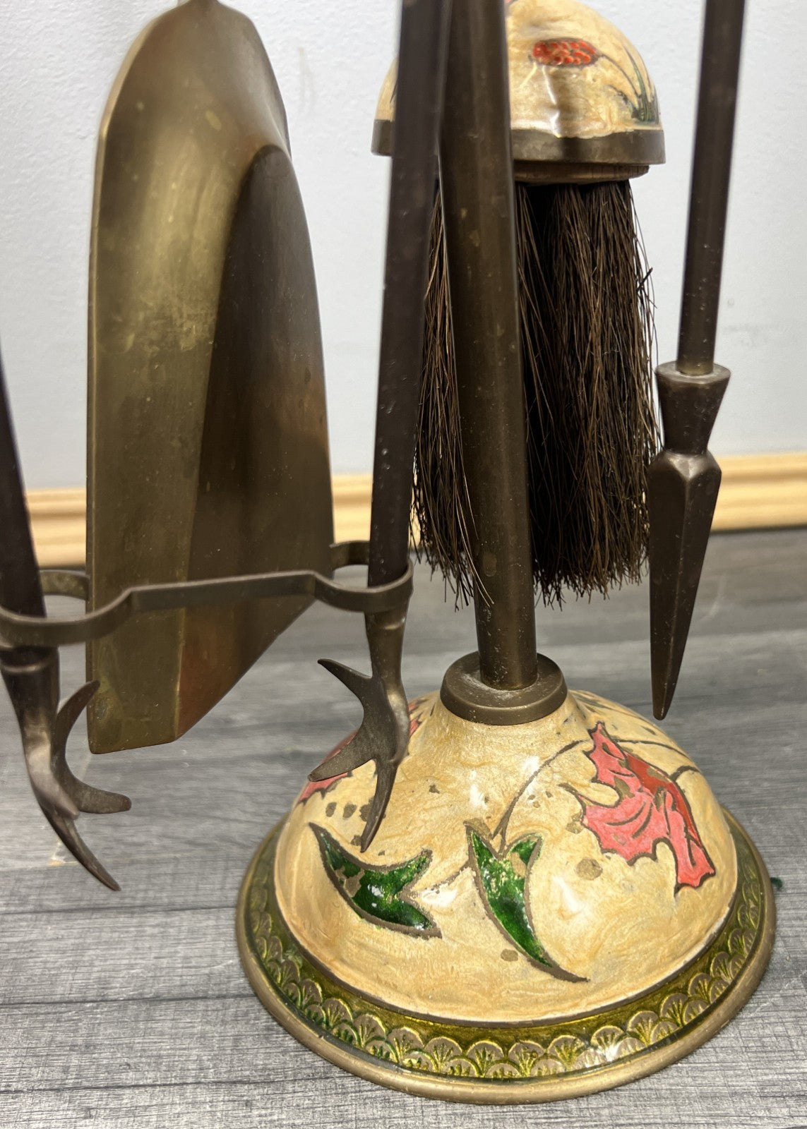 Fireplace Set Vintage French Hand Painted 5-Piece Brass Tool Stand LOT 44165