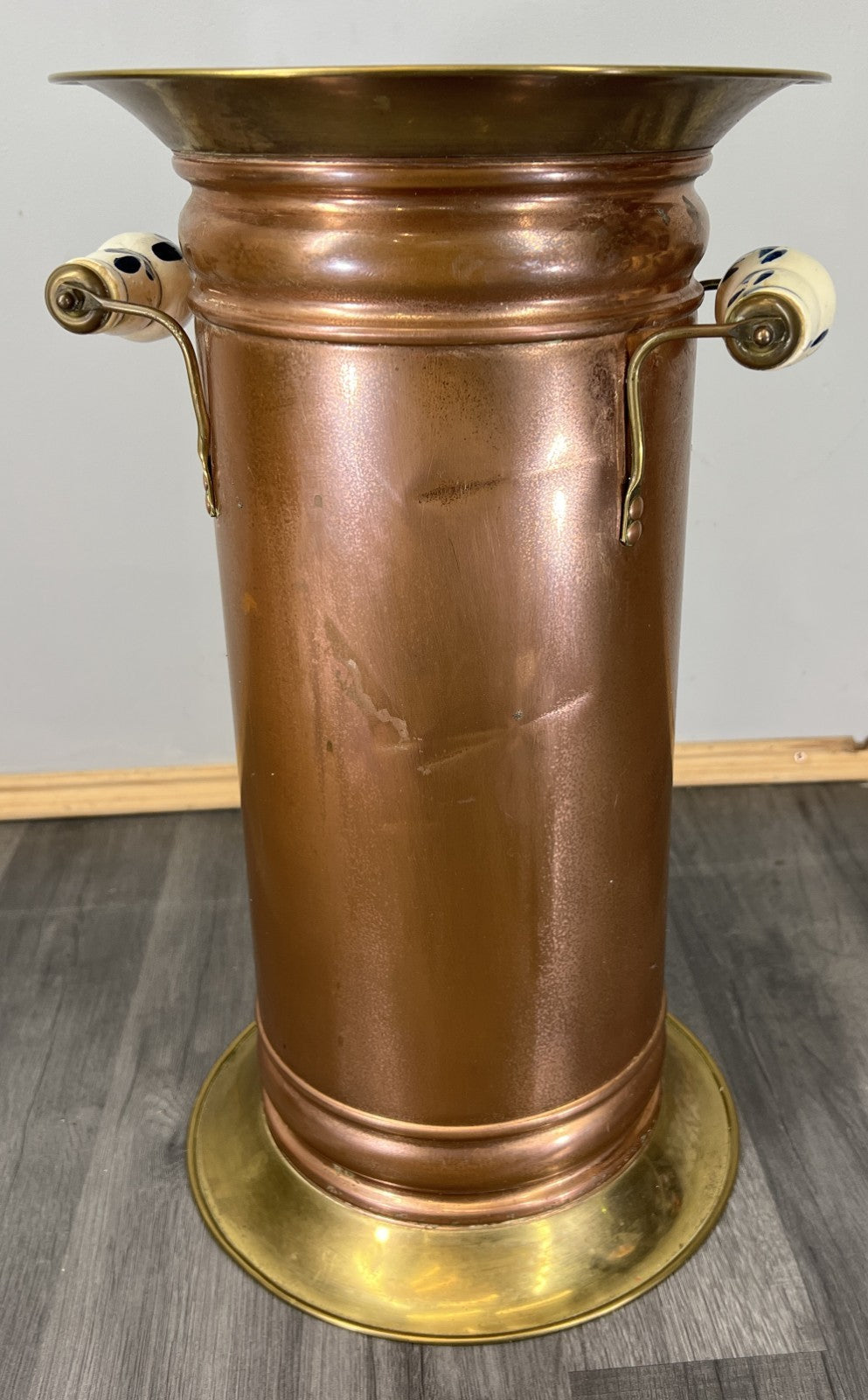 Umbrella Stand Vintage Brass Copper Decorative Stand Porcelain Handles LOT 46860
