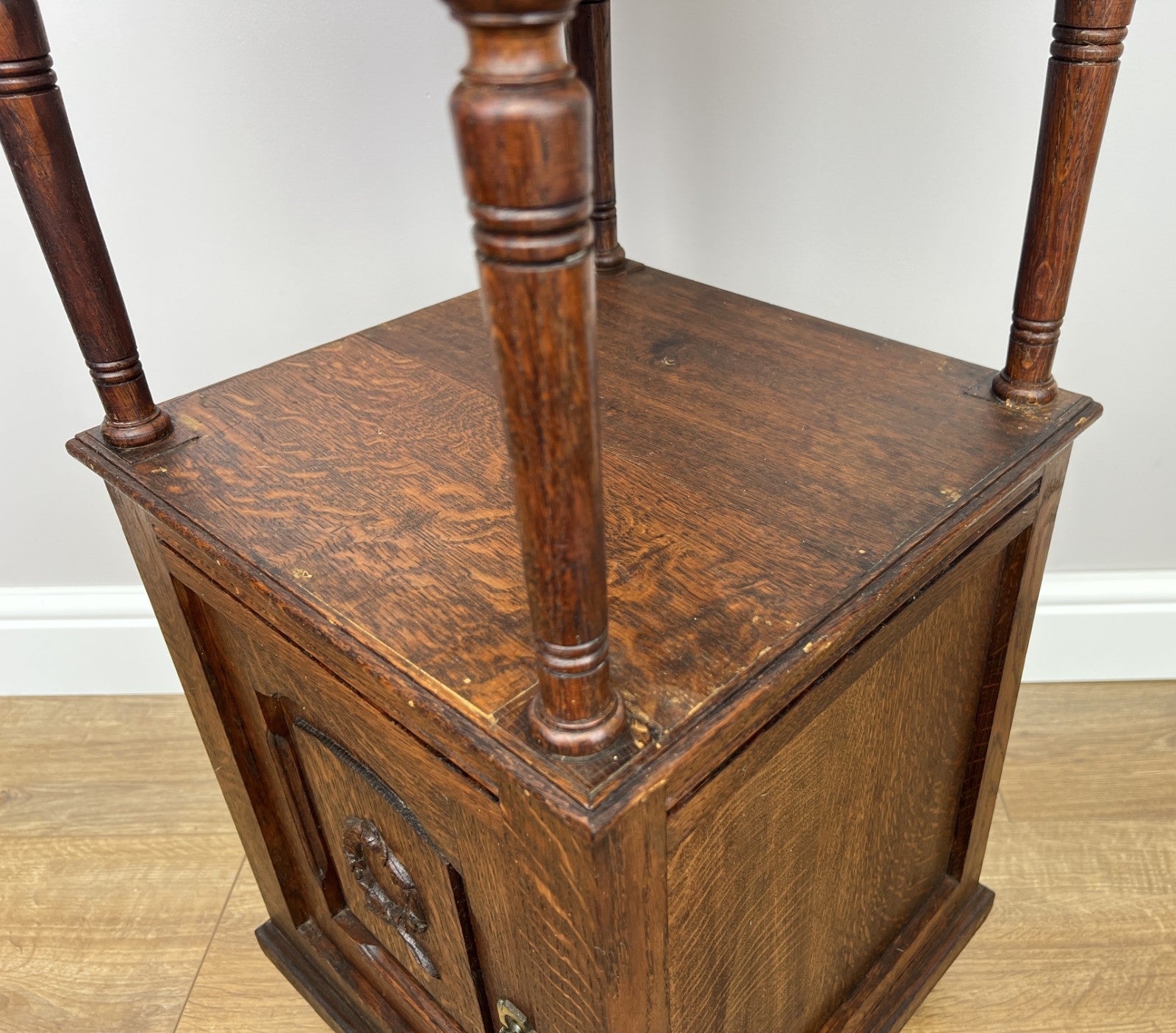 Pair of Bedside Tables Antique French Marble Top Carved Oak Cabinets LOT 491812