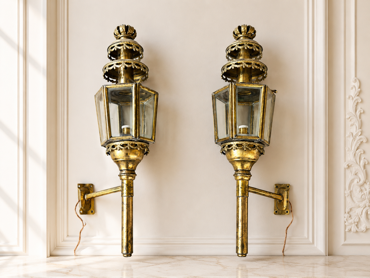 Pair of Wall Lights Antique French Style Lantern Sconces Glass LOT 6478
