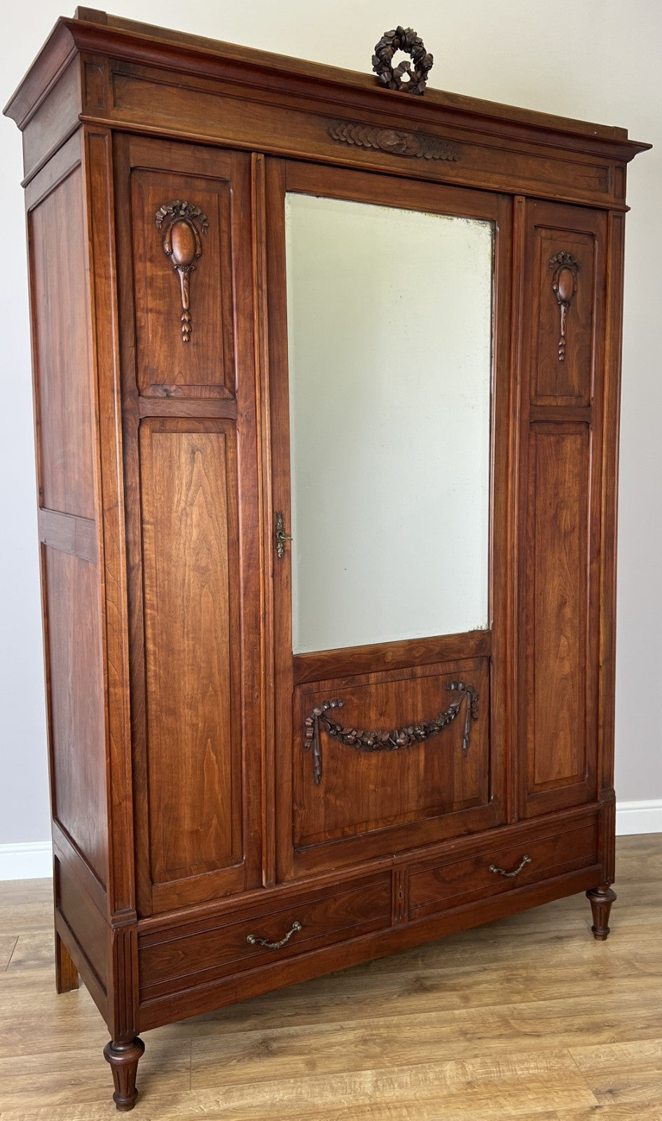 Wardrobe Antique French Walnut Two Door Mirrored Carved Armoire Cabinet LOT 60830