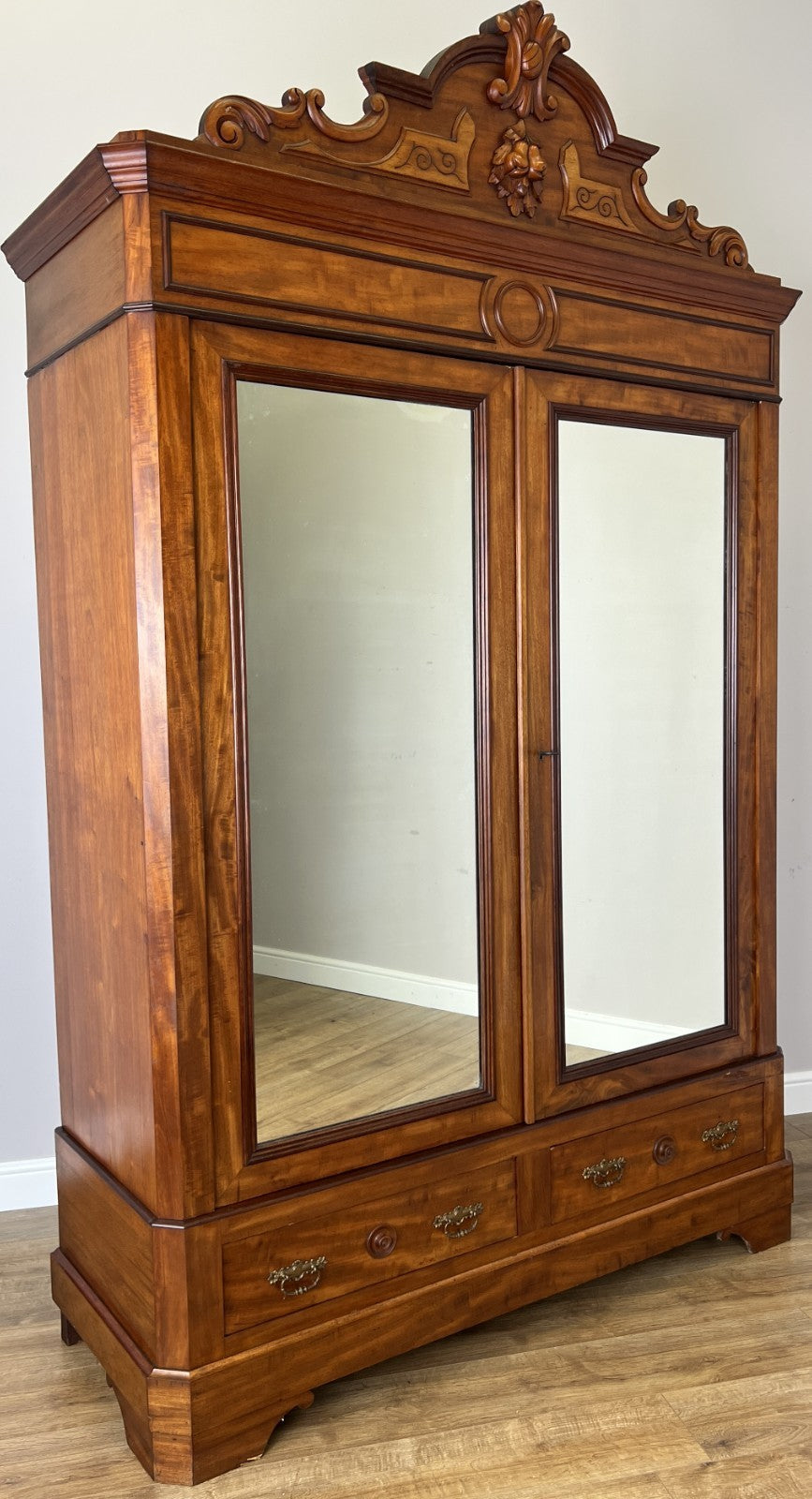 Wardrobe Antique French Mahogany Two Door Carved Mirrored Armoire LOT 61640