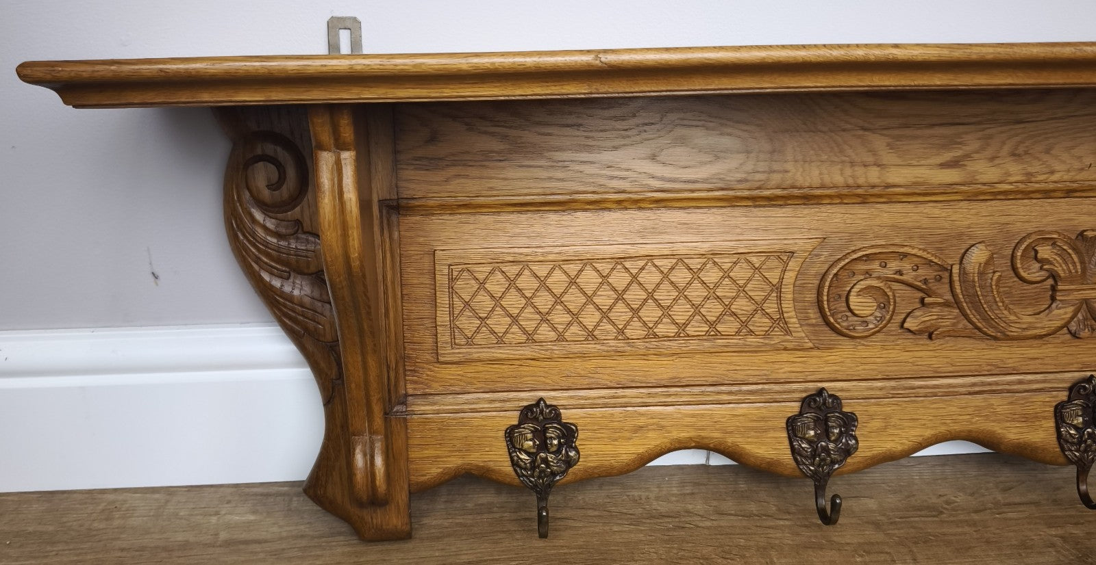 French Vintage Coat Rack Oak 5 Hooks Wall Shelf Carved Coat Hanger LOT 60012