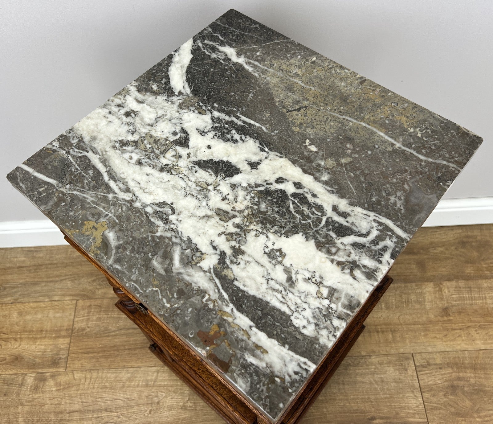 Pair of Bedside Tables Antique French Marble Top Carved Oak Cabinets LOT 49178