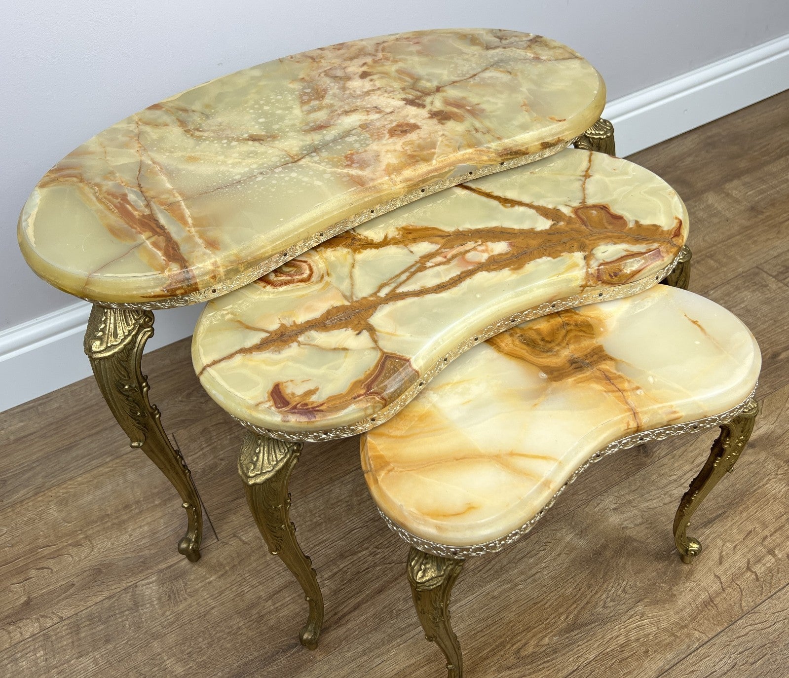 Nested Tables Vintage French Marble Onyx Brass Tables Set LOT 49707