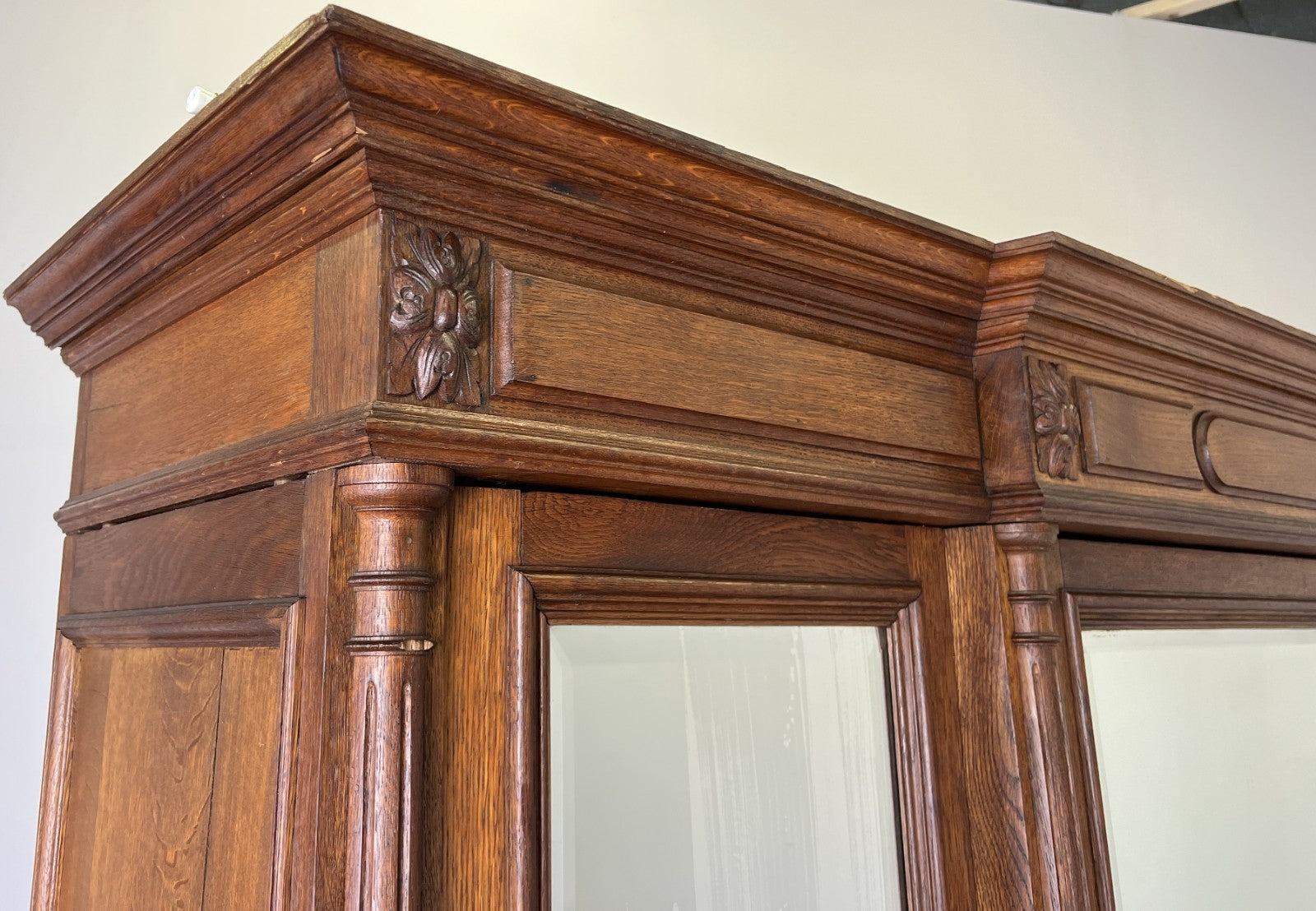 Wardrobe Antique French Style Oak Three Door Carved Mirrored Armoire LOT 62317