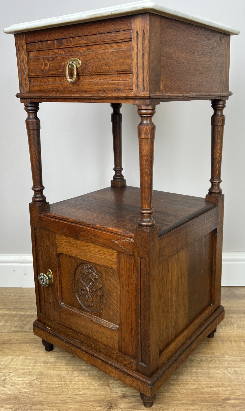 Pair of Bedside Tables Antique French Marble Top Carved Oak Cabinets LOT 49167