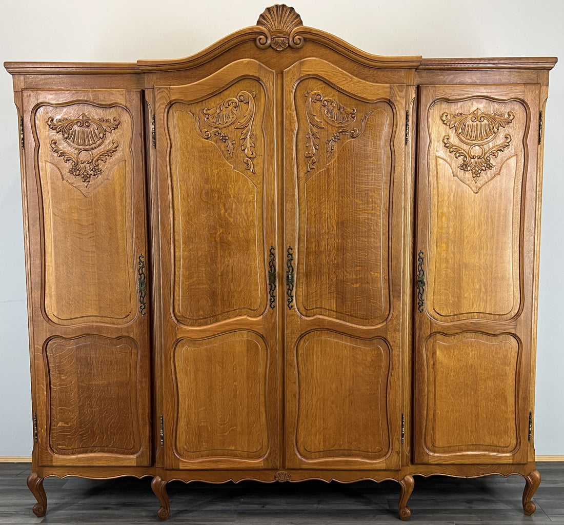 Wardrobe Vintage French Louis XVI Style Oak Four Door Carved Armoire LOT 48230