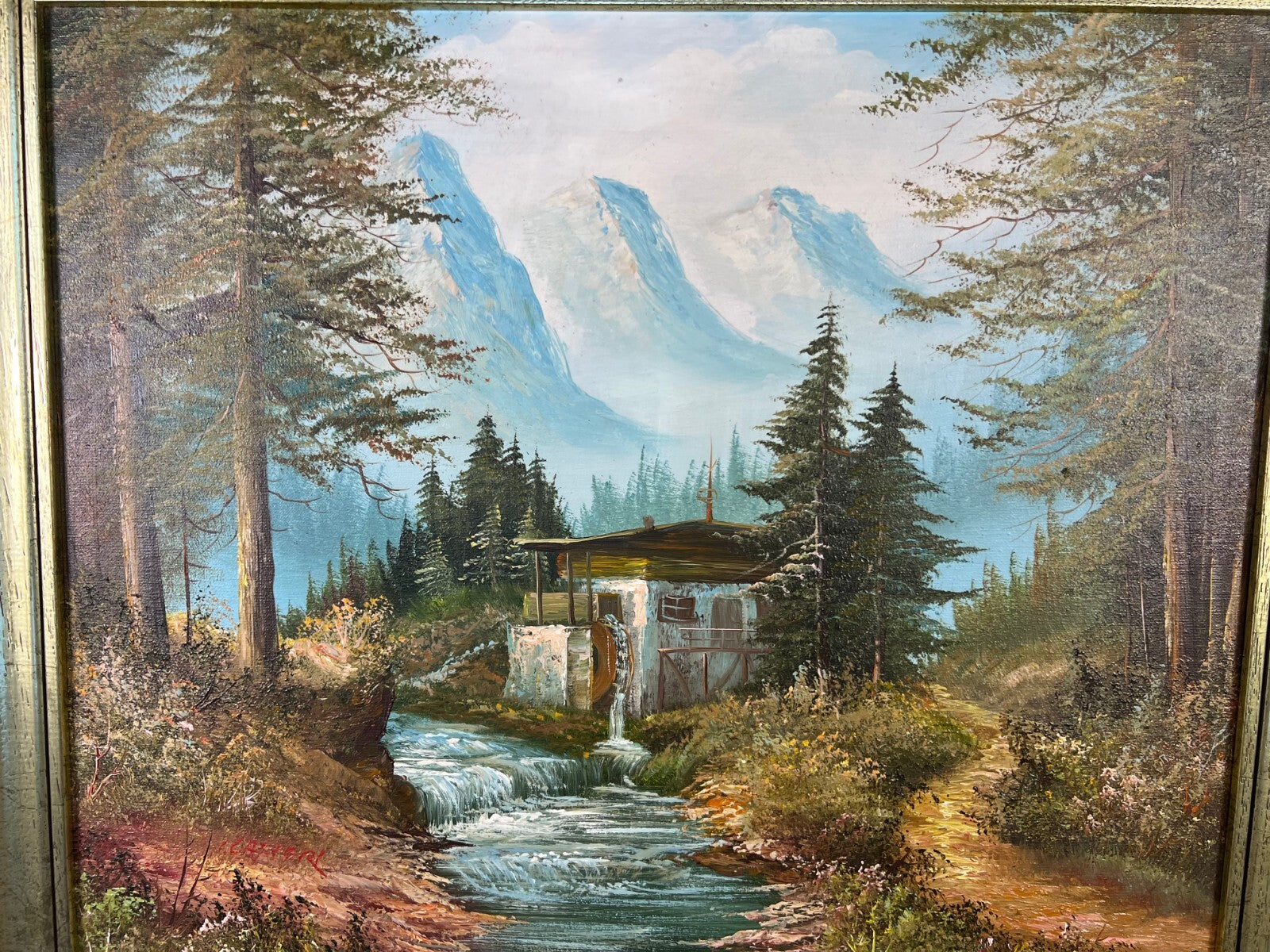Painting Vintage Oil Painting Framed Lake Mountains Scene 73cm x 83cm LOT 50526