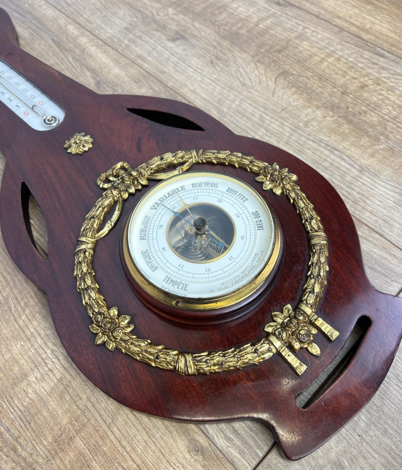 Barometer Vintage Brass Mahogany Wall Barometer Thermometer Hygrometer LOT 60868