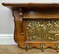 French Vintage Coat Rack Oak 7 Hooks Wall Shelf Brass Panel Coat Hanger LOT 49595
