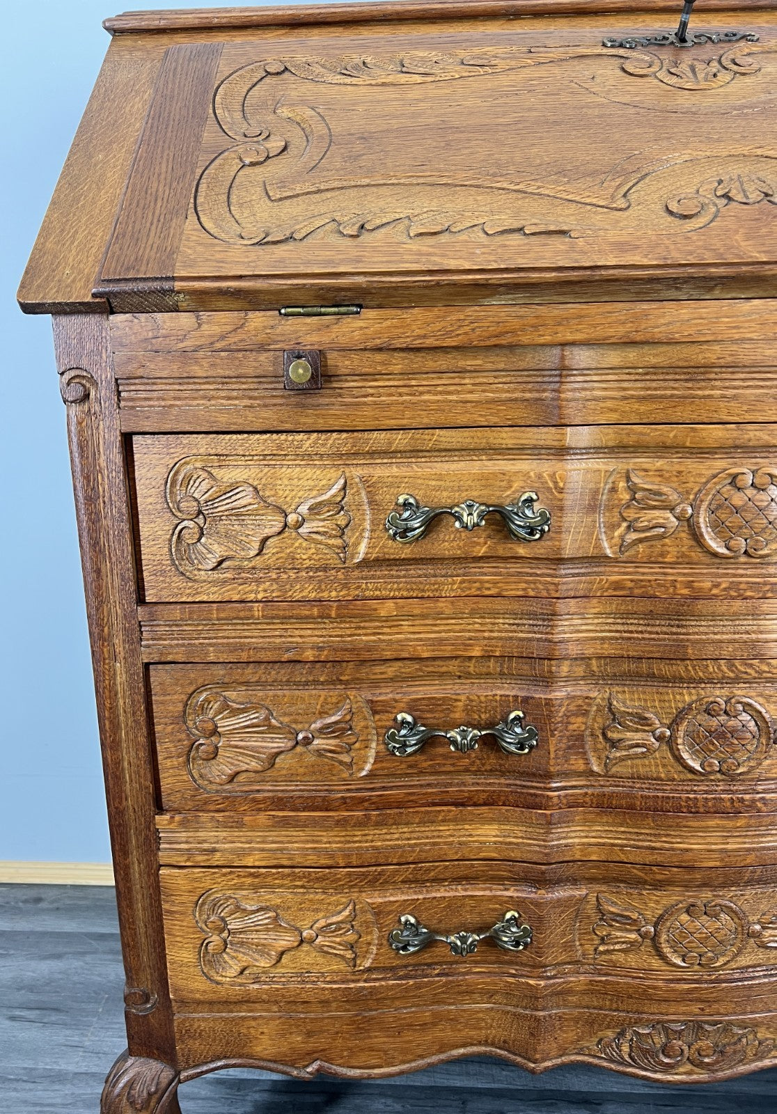 Secretaire Writing Desk Vintage French Louis Oak Rare Bureaux Cabinet LOT 44635