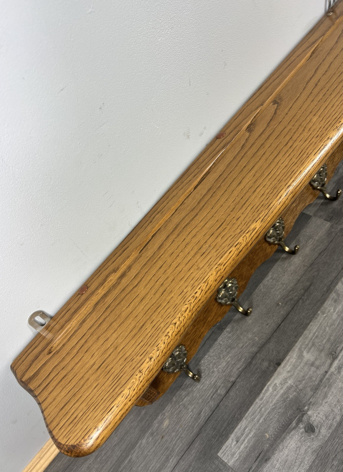 French Vintage Style Coat Rack Oak 5 Hooks Ornate Wall Shelf Coat LOT 47247