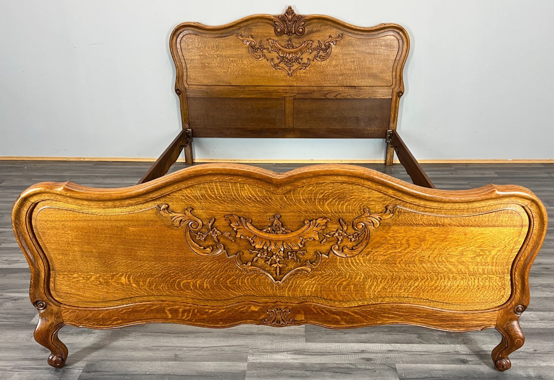 Bed Frame Vintage French Louis XVI Style Oak Double Carved Panel LOT 41120