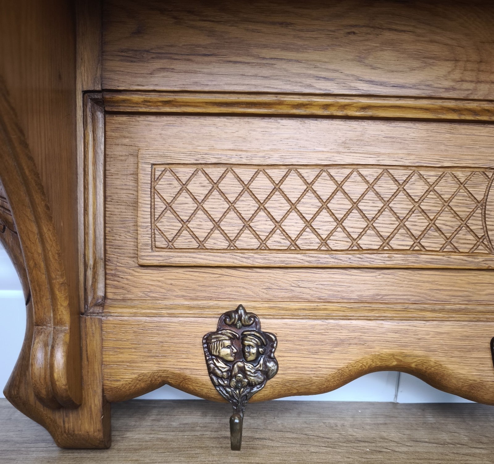 French Vintage Coat Rack Oak 5 Hooks Wall Shelf Carved Coat Hanger LOT 60016