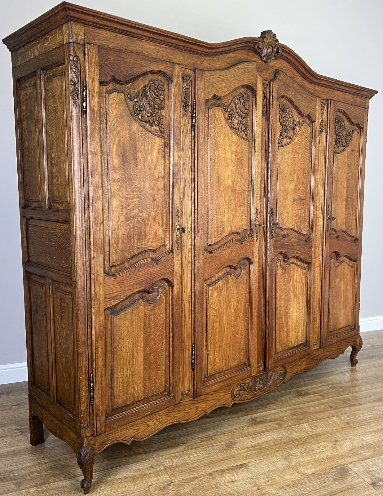 Wardrobe Vintage French Louis XVI Style Oak Four Door Mirrored  Armoire LOT 49011