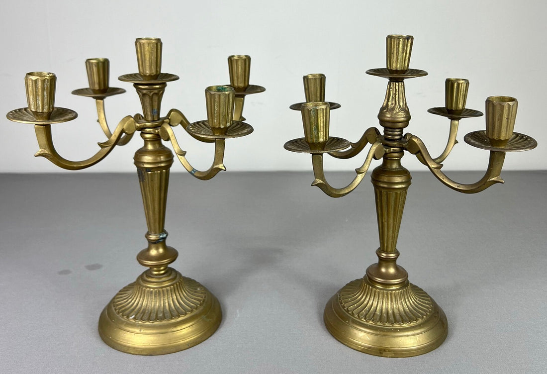 Candelabra Vintage French Style Metal Gold 5 Arm Candle Holder Pair LOT 50750