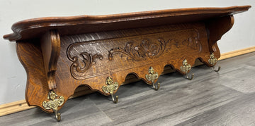 French Vintage Coat Rack Oak 5 Hooks Wall Shelf Carved Coat Hanger LOT 44350
